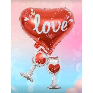 Romantic Heart-Shaped Foil Balloon With Wine Glass Design